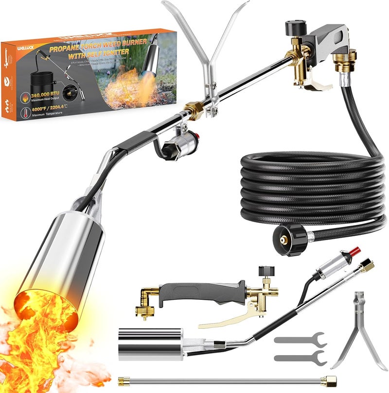 WELLUCK Propane Torch Weed Burner, Weed Torch 340,000 BTU Weeder Torch with QCC 11.5FT Hose, Heavy Duty Blow Torch with Self Igniter for Weeding, Barbecue, Asphalt, Snow Melting - Image 1